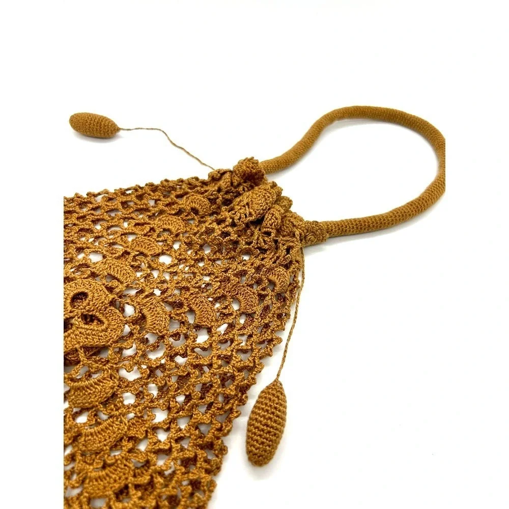 Vintage Handmade Open Crochet Drawstring‎ Handbag Purse Bag Unlined